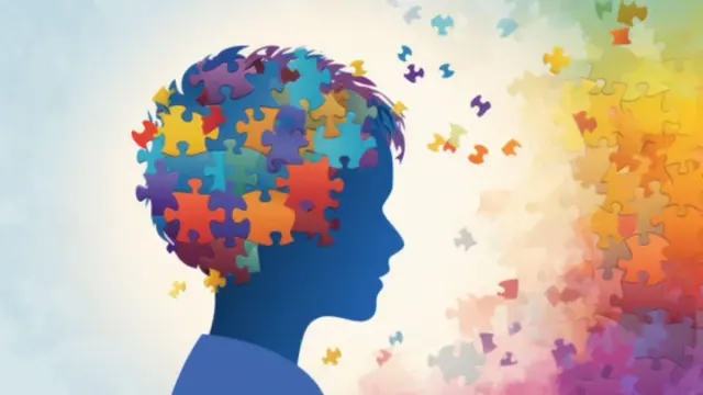 An illustration of a young boy with autism, showing his brain as pieces of a puzzle
