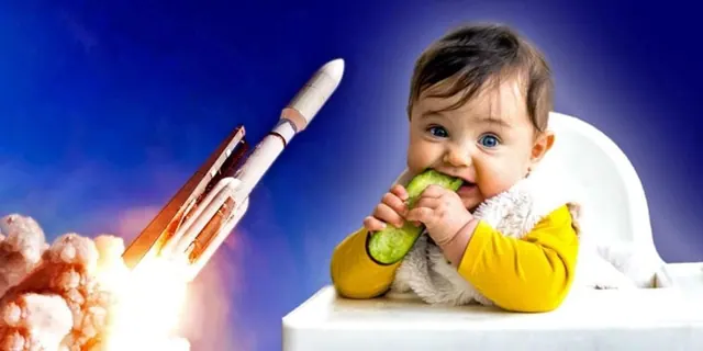 Illustrative archive composite of a rocket and a child eating; not a tested product or evidence of harm.