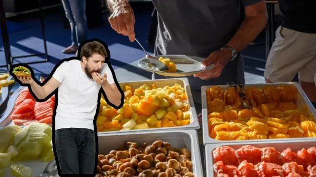 A man scoops fruit on his plate from a large buffet while a smaller photo of a man is shown who is disgusted with his food