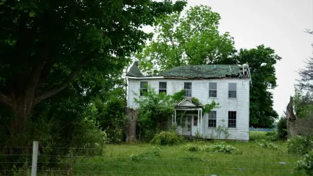 A two story white house on a large lot filled with green grass and large trees. The roof on the house has caved in and a tree is obstructing the front door