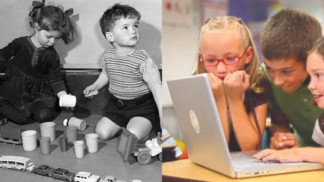 Archive composite showing children with toys and children looking at a screen.