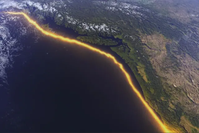 A photograph of Earth taken from space with a large yellow line showing the Cascadia Subduction Zone
