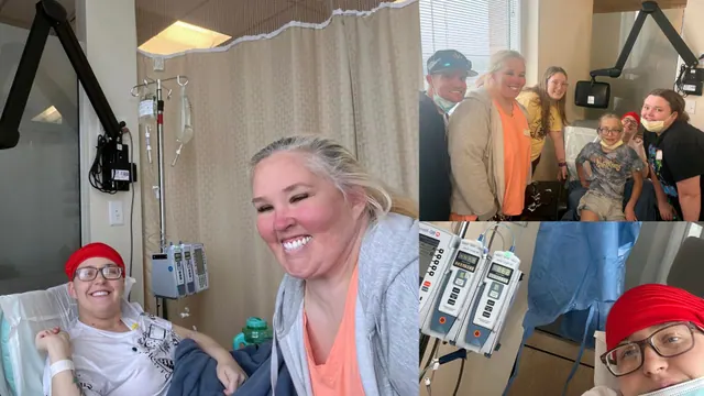 Archive composite of Anna Cardwell in a hospital setting, June Shannon and family photographs.