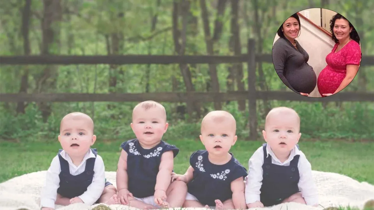 Sets of twin babies portrait with pregnant mothers overlaid on top