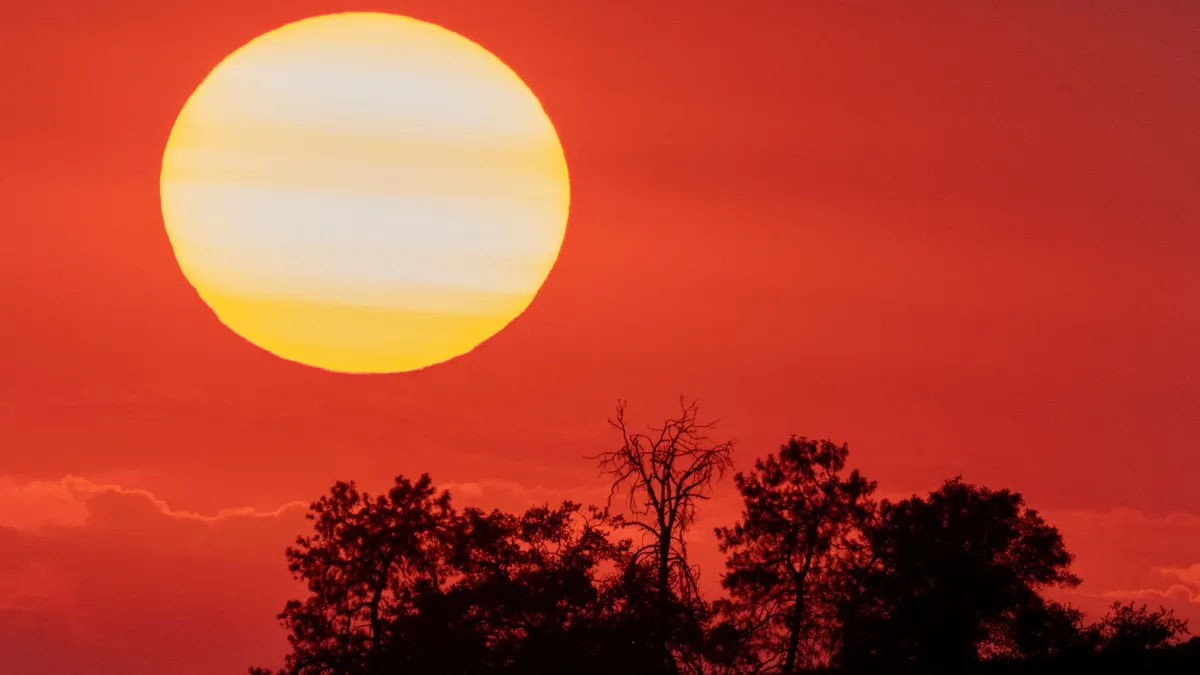 The sun seen amid a red sky above trees during a fire.