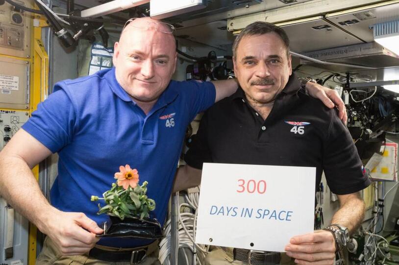 Scott Kelly and a fellow crew member beside a sign marking 300 days in space