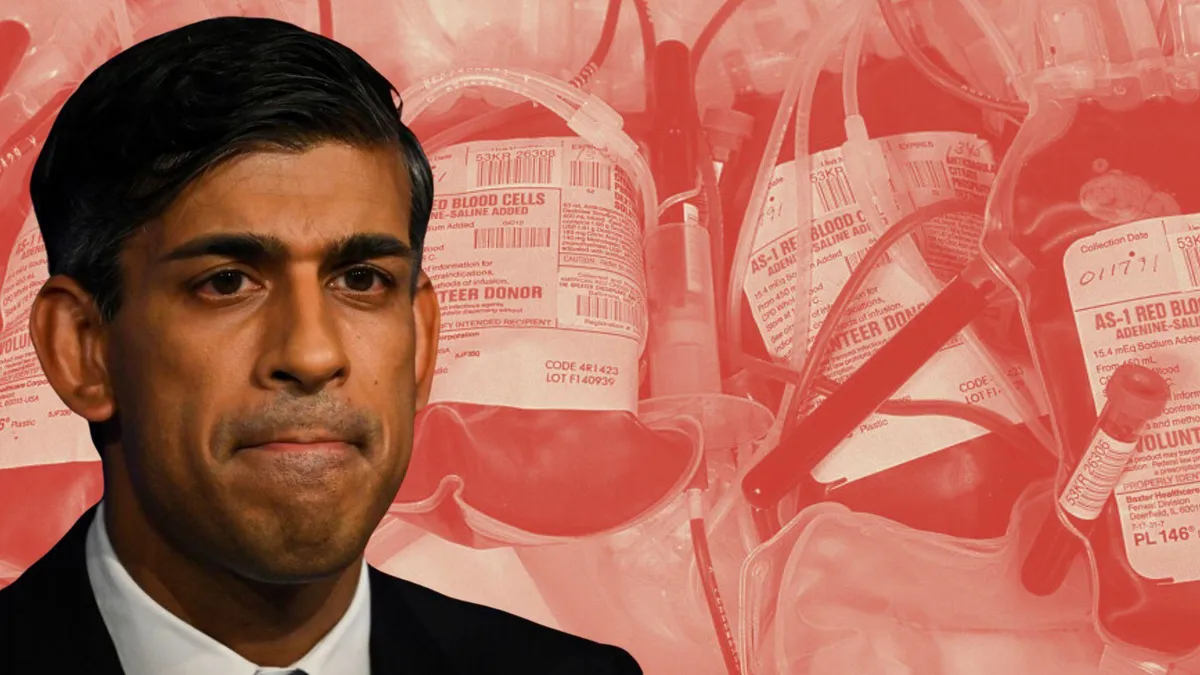UK Prime Minister Rishi Sunak looks disappointed/A photograph of several bags of donated blood, tinted red