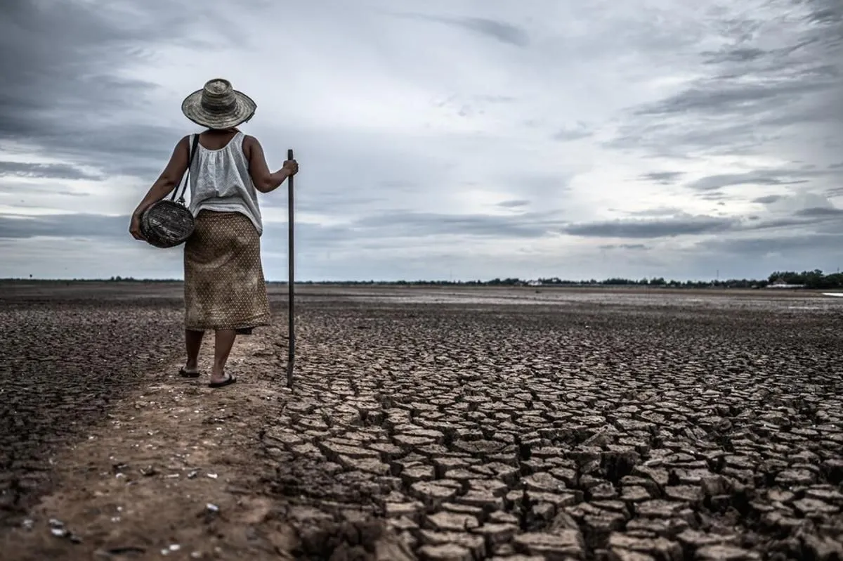 Person standing with a walking stick and a basket in a dried-up lake