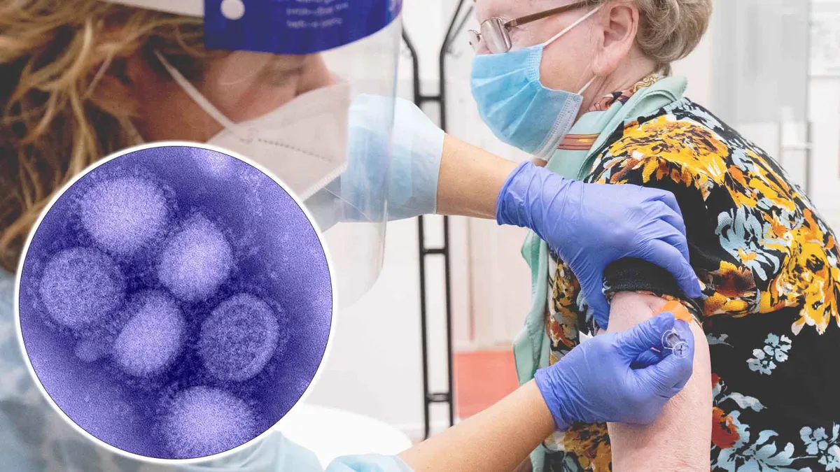H1N1 strain and woman getting a flu shot