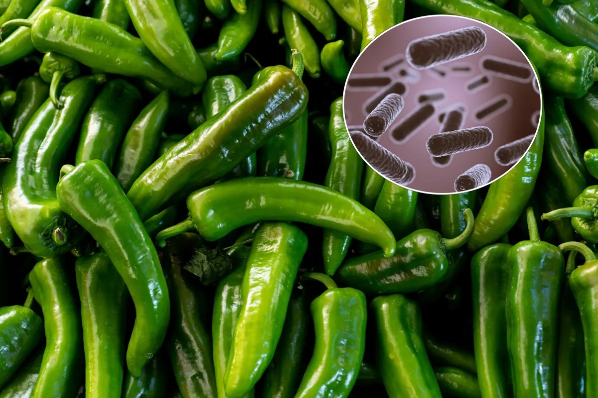Top view of green peppers with listeria concept pictured circled at the top right
