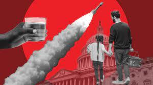 Illustrative archive composite of water, a rocket and government buildings.