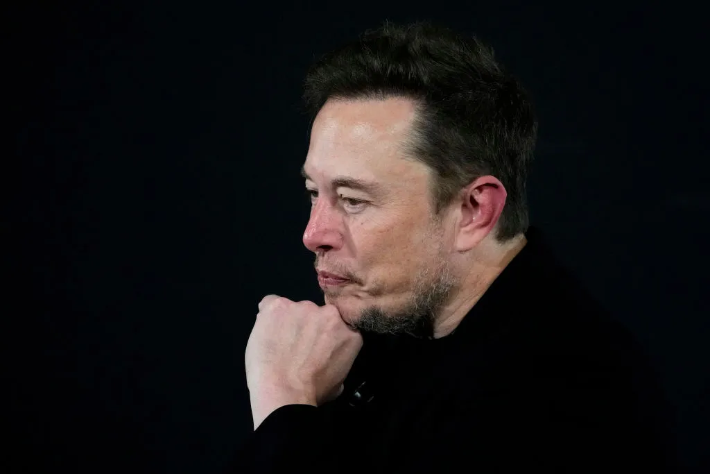 Tesla and SpaceX's CEO Elon Musk pauses during an in-conversation event with British Prime Minister Rishi Sunak at Lancaster House on November 2, 2023 in London, England. Sunak discussed AI with Elon Musk in a conversation that is played on the social network X, which Musk owns