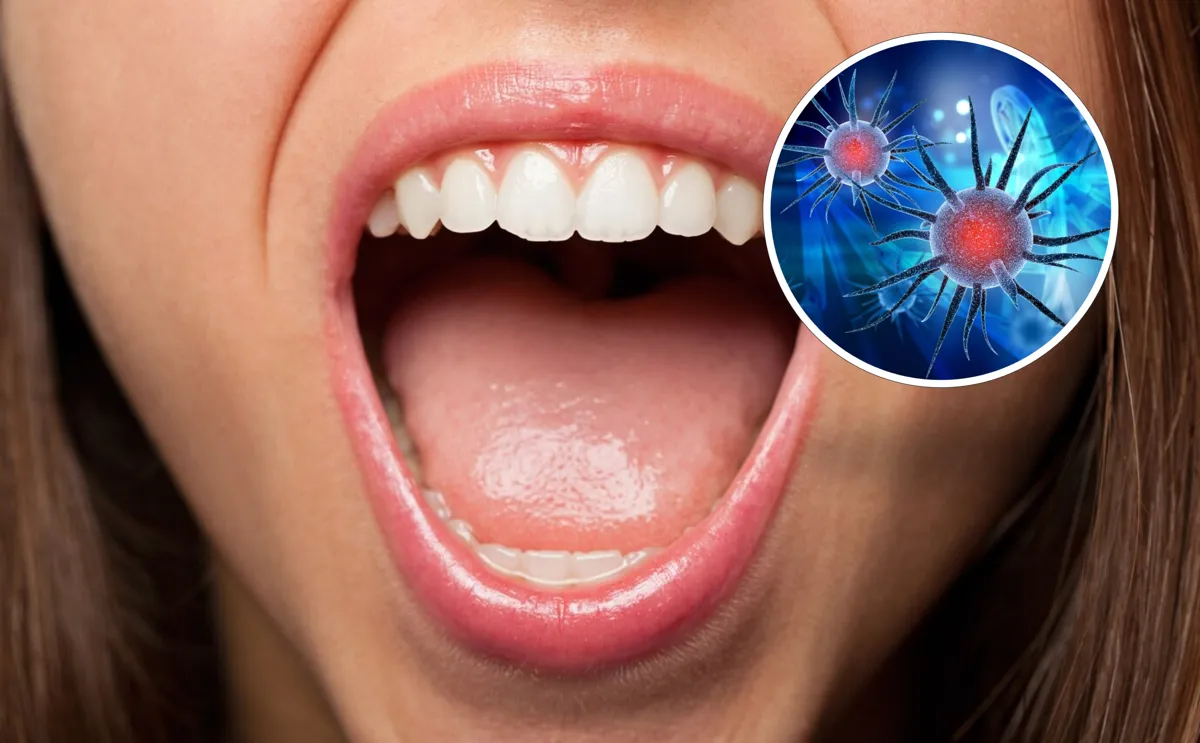 Girl with mouth open. Cancer cells concept on top right circled