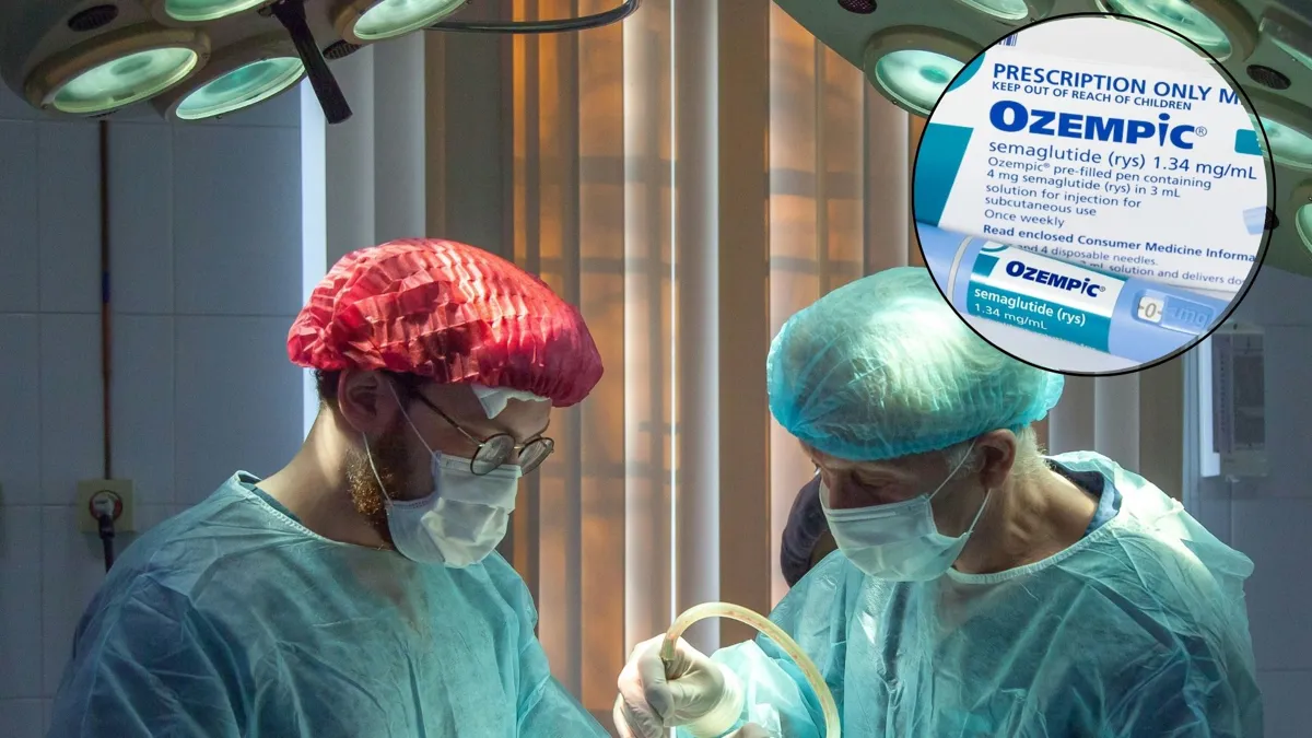 Two doctors work on a patient underneath them with an overlaid photo of a box of Ozempic in the photo