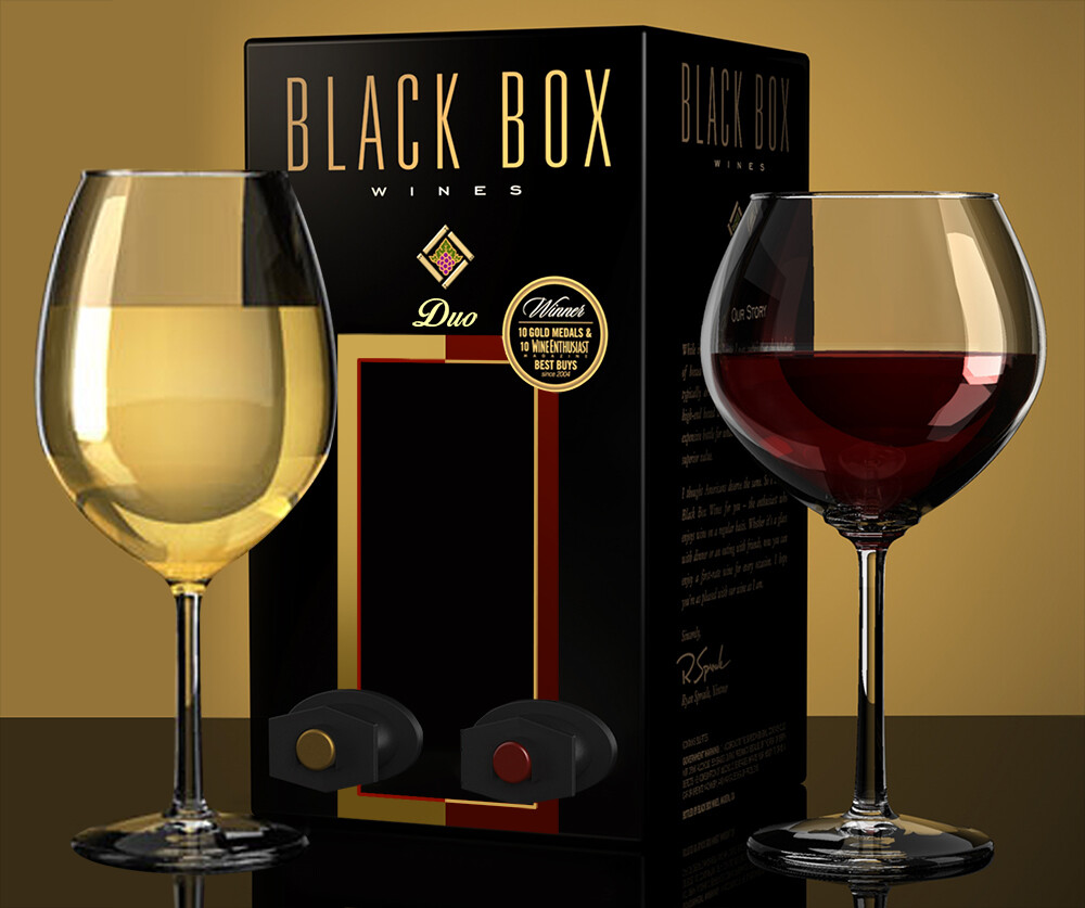 Boxed wine with two filled glasses