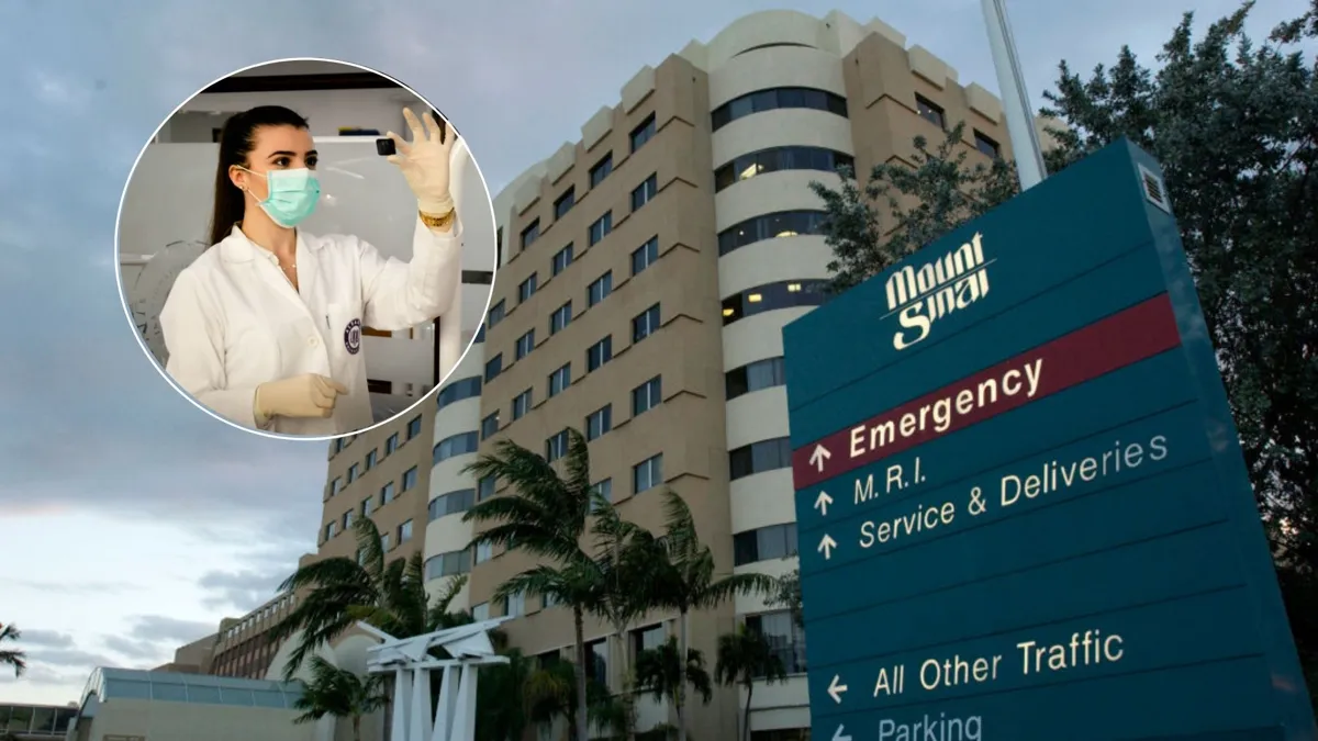The exterior of a large hospital overlaid with a photo of a woman wearing a white lab coat and a blue face mask holding up a slide to the light