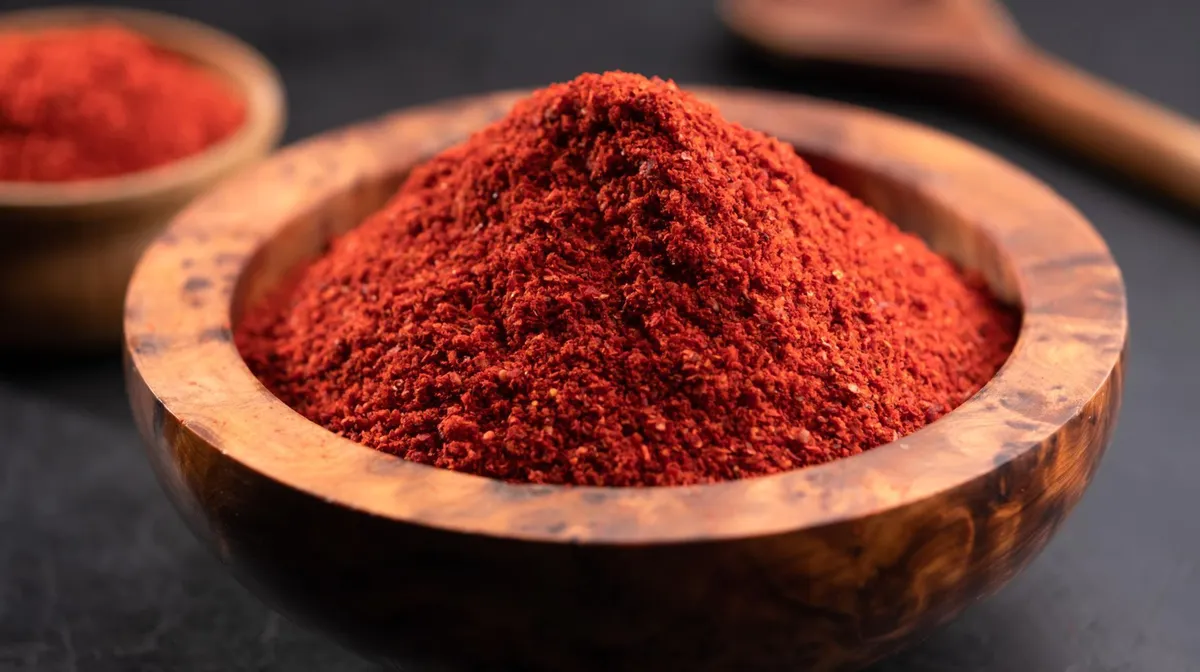 A photograph of a wooden bowl full of paprika
