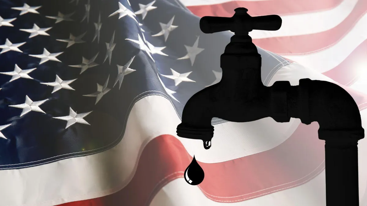 A photograph of the American flag, superimposed with a silhouette of a water tap