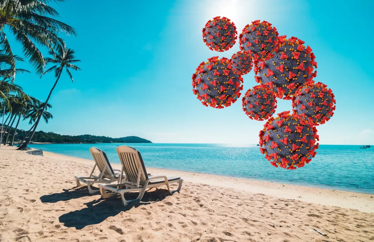Beach with two deck chairs and covid cells concept on top right