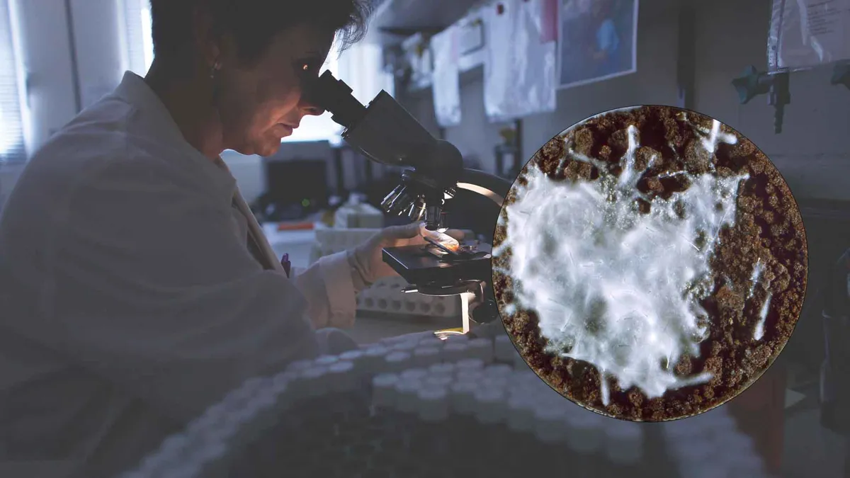 Scientist looking through microscope with ringworm overlaid