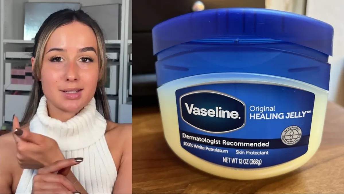 TikToker @yazmooremakeup pictured in a white sleeveless sweater/A small tub of Vaseline pictured on a wooden table