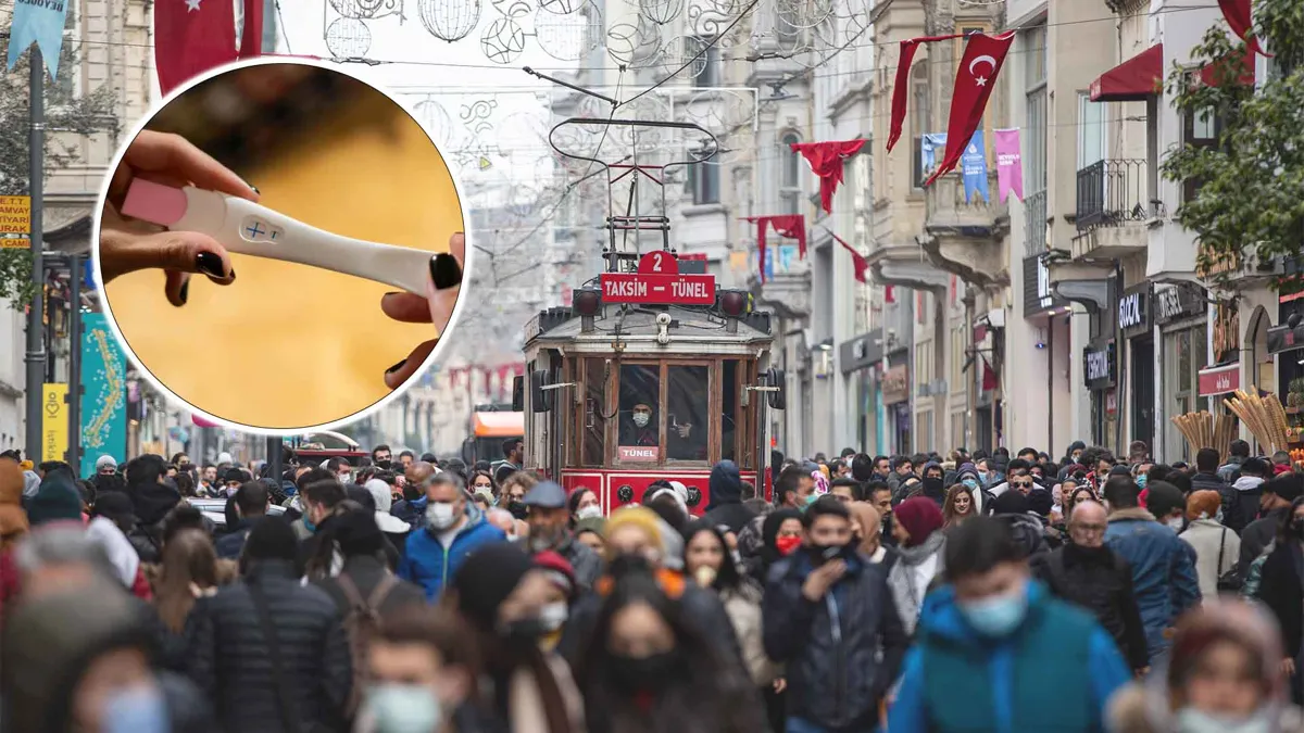 Hands Holding Pregnancy Test Kit overlaid on busy city sidewalk full of people