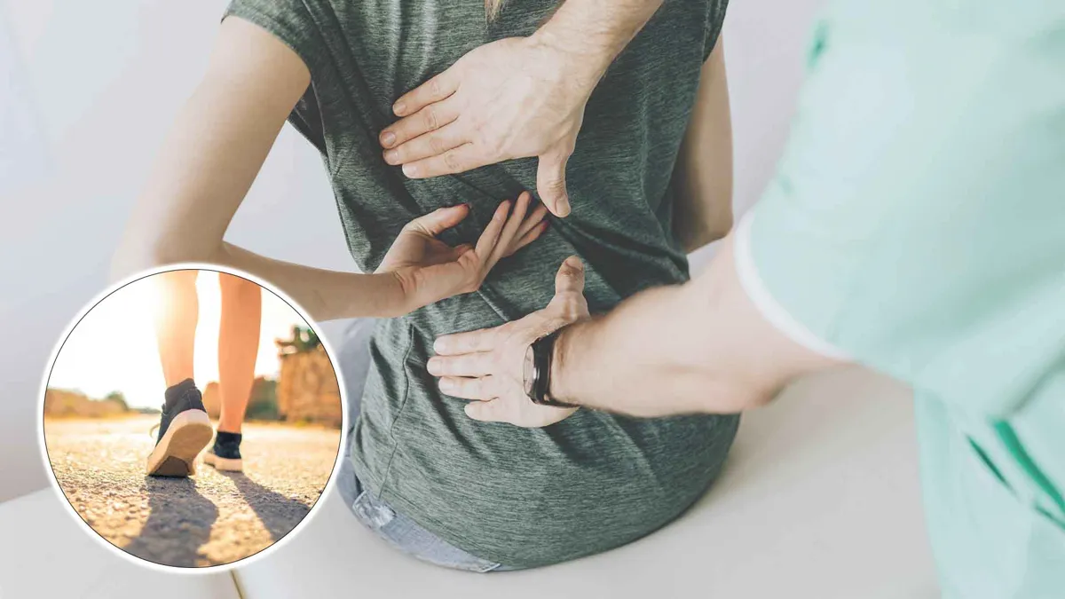Woman Walking on Pathway Under The Sun overlaid on Doctor Examining Woman's back
