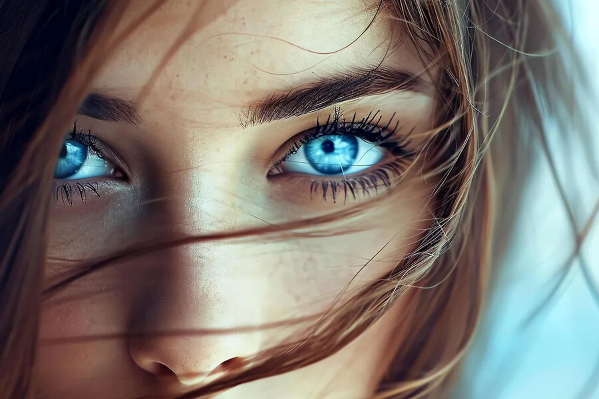 A close-up photograph of a woman with piercing blue eyes