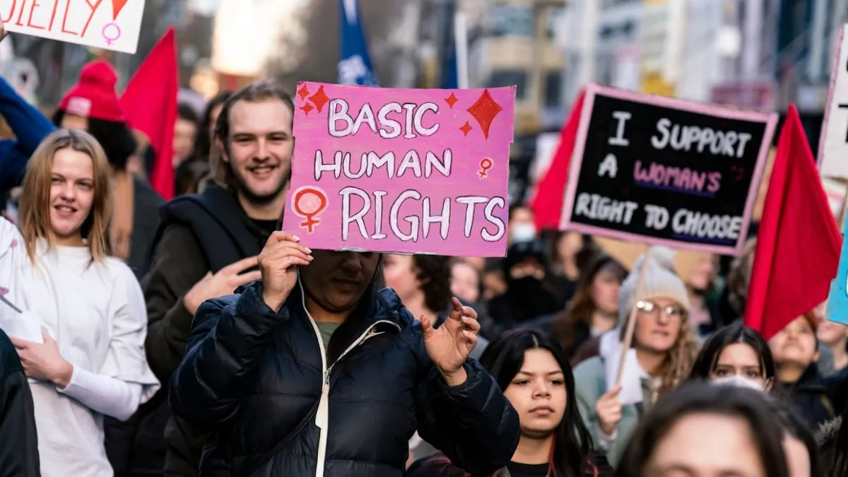 Many protestors with signs at a pro-choice abortion rally.