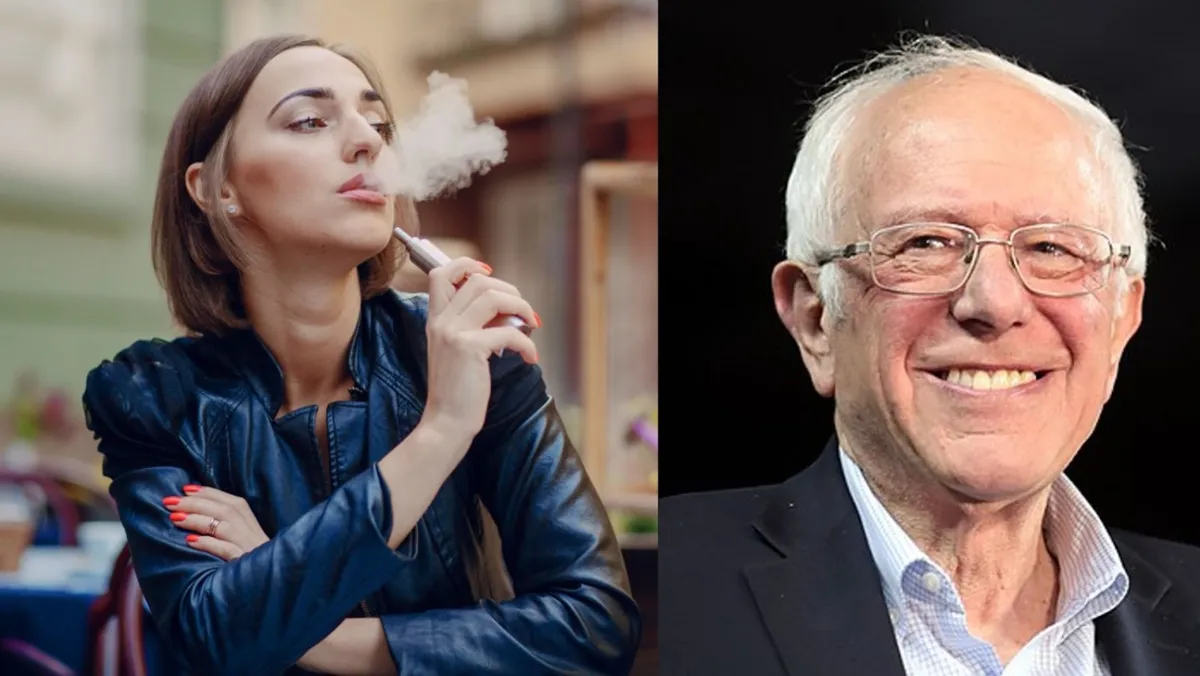 A woman is pictured vaping as she sits at an outside cafe/Photograph of Bernie Sanders taken during an event