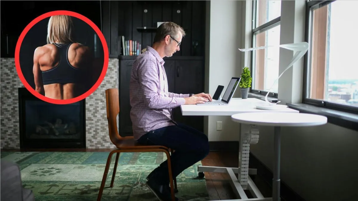A woman’s muscular and straight back; a man sitting up straight while on a computer and sitting at a desk.