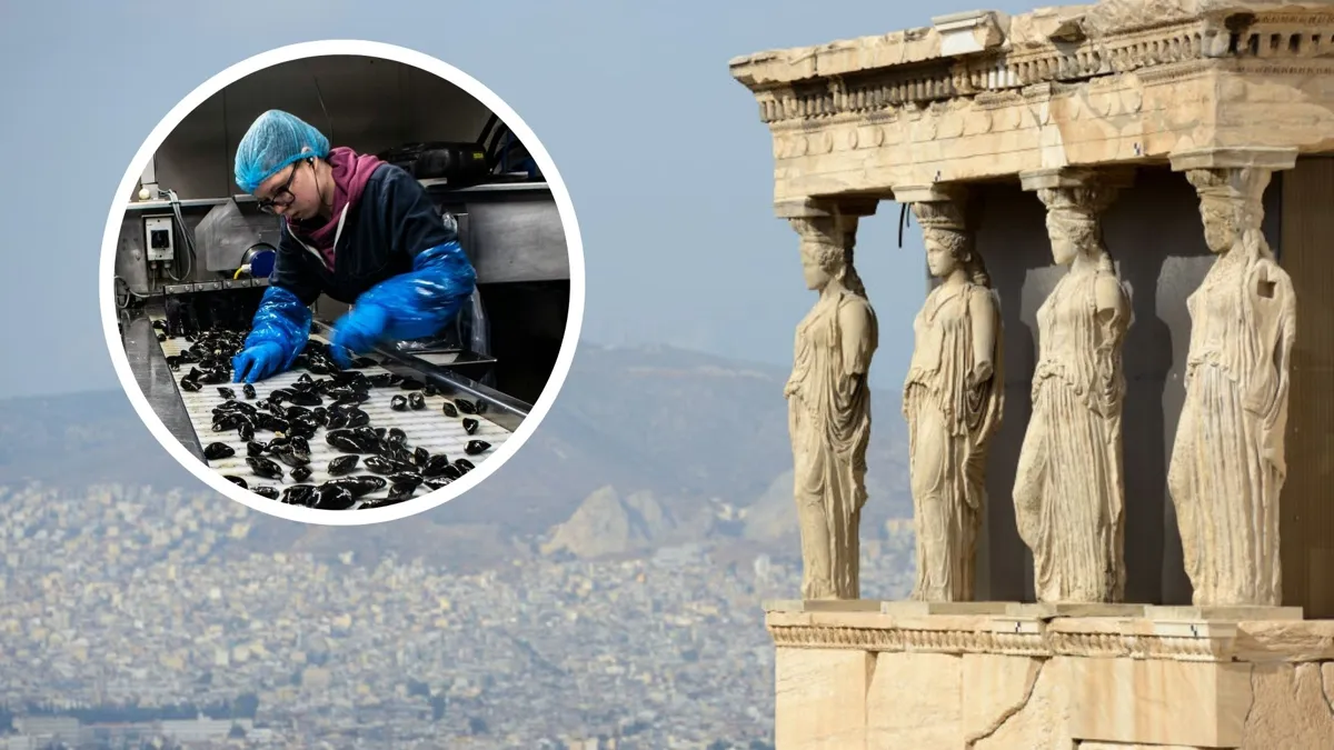A view of Greek ruins with statues of four women overlaid with a pictures of a person working at a factory line