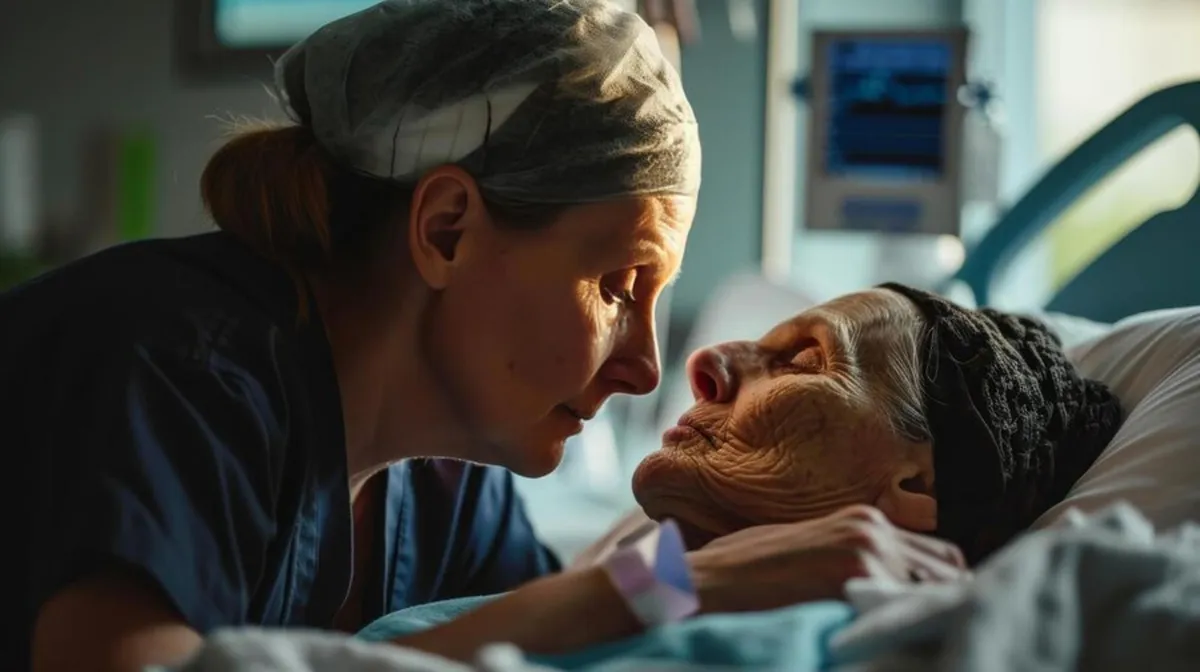 A photograph of a woman’s face extremely close to a hospital patient’s face