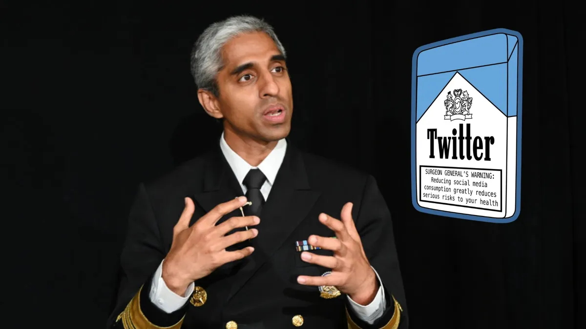 A man wearing a black jacket with army decorations with a small design of a twitter logo designed like a cigarette pack