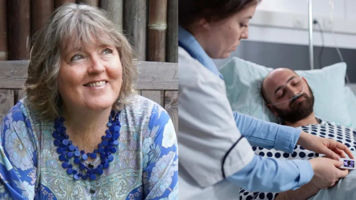 An image of Bronnie Ware dressed in a blue shirt/An image of a nurse checking up on a patient in her ward