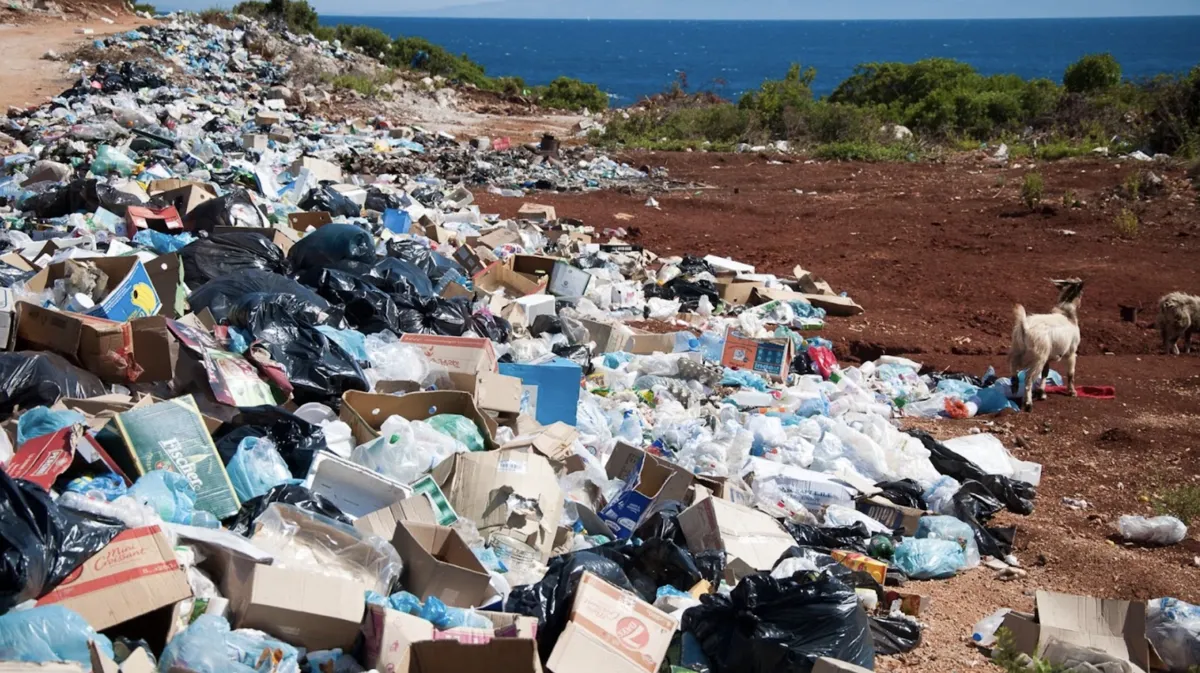 Rubbish is piled up along a beach. Bits of plastic and cardboard boxes are scattered. Two goats stand beside the rubbish, and the sea is in the distance.
