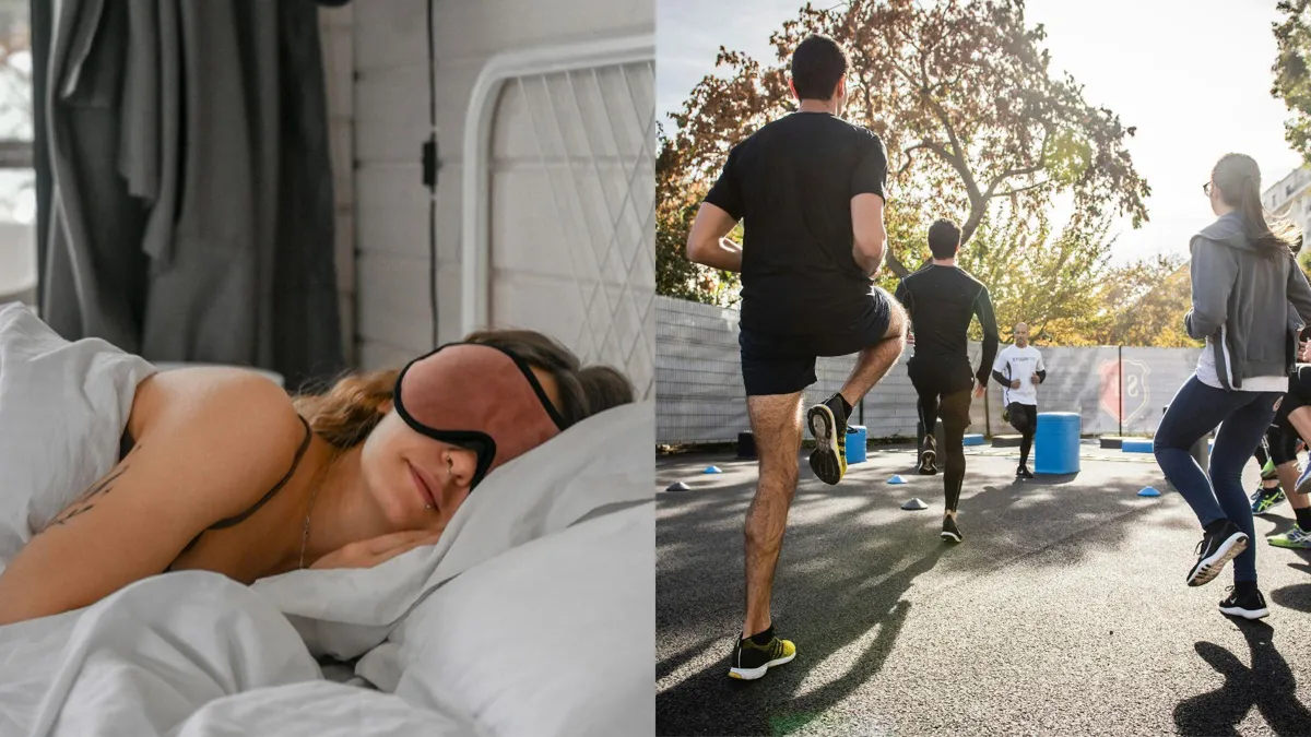 On the left, a woman is peacefully sleeping in bed with a plush eye mask on, suggesting a focus on quality rest. On the right, a group of people are actively participating in an outdoor running session