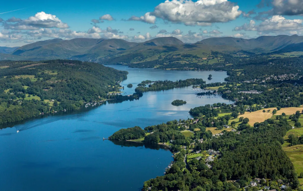 An aerial view of the northern end of Lake Windermere, Bowness-on-Windermere and the Lake District