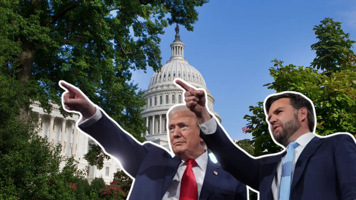 Trump and Vance point together with an image of the White House in the background