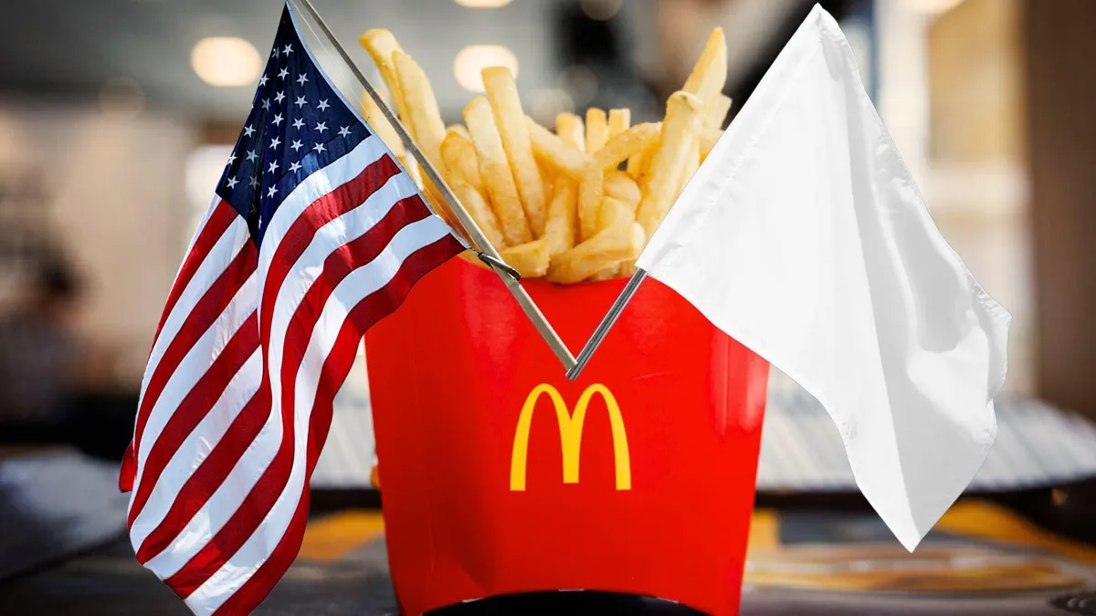 A photograph of McDonald’s fries/The U.S. flag flies on a pole/A white flag flies on a pole