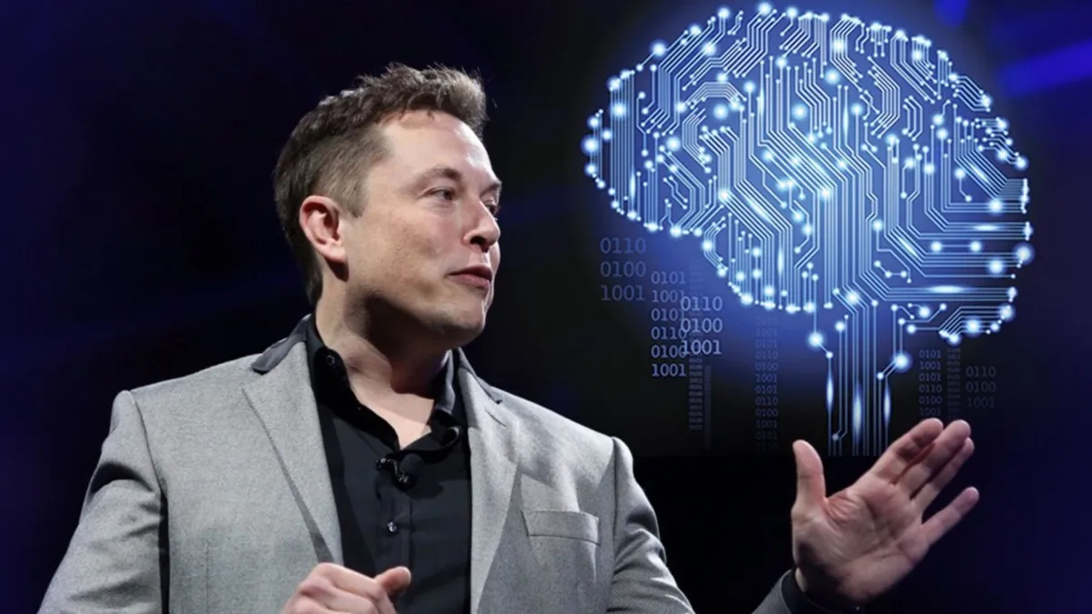 Elon Musk is pictured in profile, gesturing with his hand, with a graphic of a glowing blue digital brain composed of circuit patterns and binary code hovering in the background