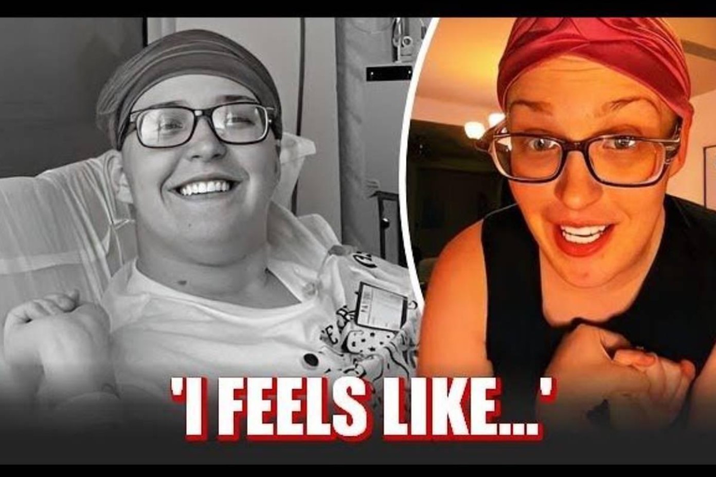 Archive video graphic showing two images of Anna Cardwell wearing glasses and a red head covering.