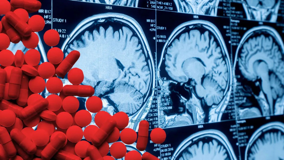 A photograph of dozens of red pills/A photograph of several brain scans against a blue light screen