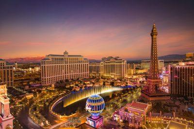 Las Vegas buildings at dusk; archive photograph.