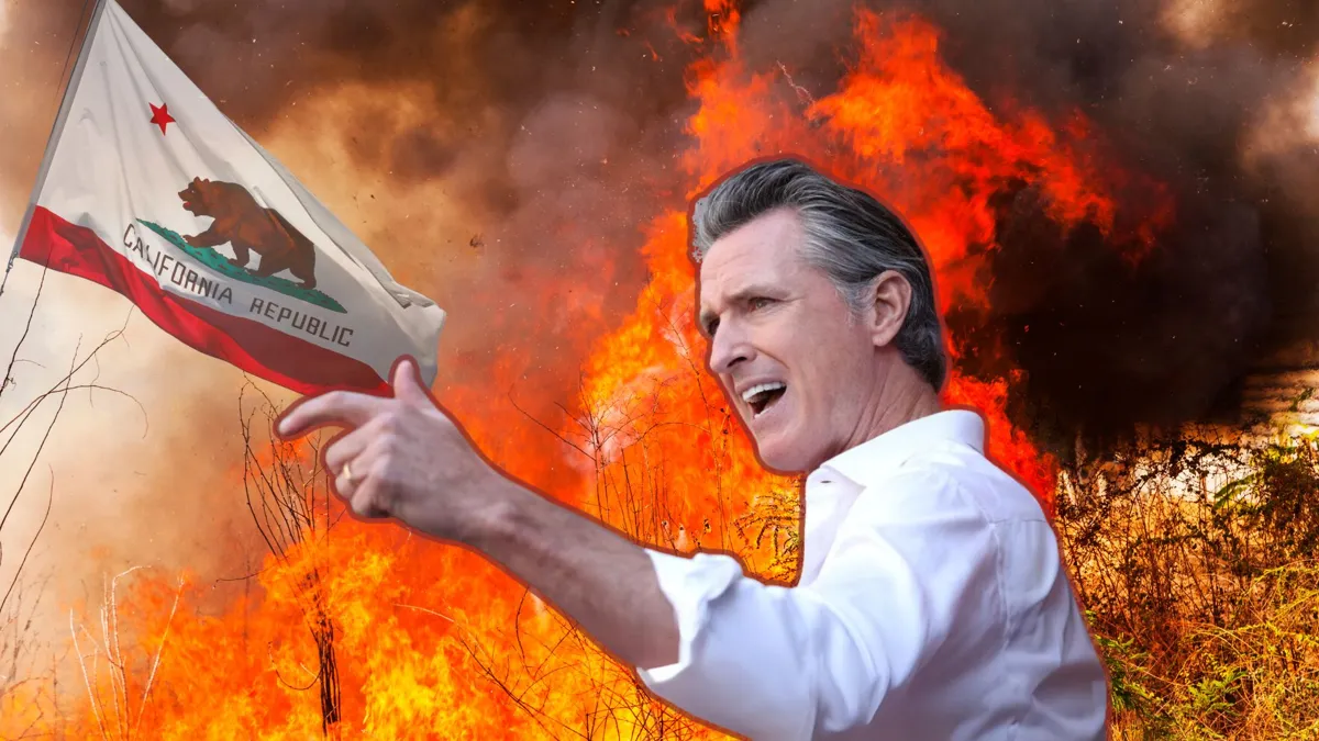 Gavin Newsom wearing a white shirt and pointing his finger in front of a large wildfire and a California flag