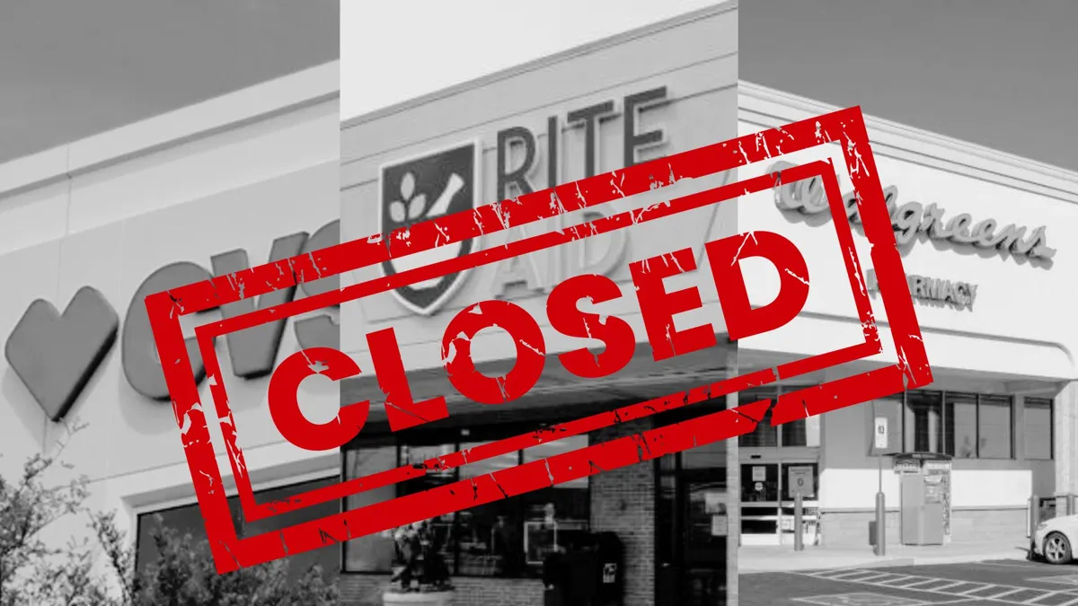 A photograph of a CVS pharmacy/A photograph of a Rite Aid pharmacy/A photograph of a Walgreens pharmacy