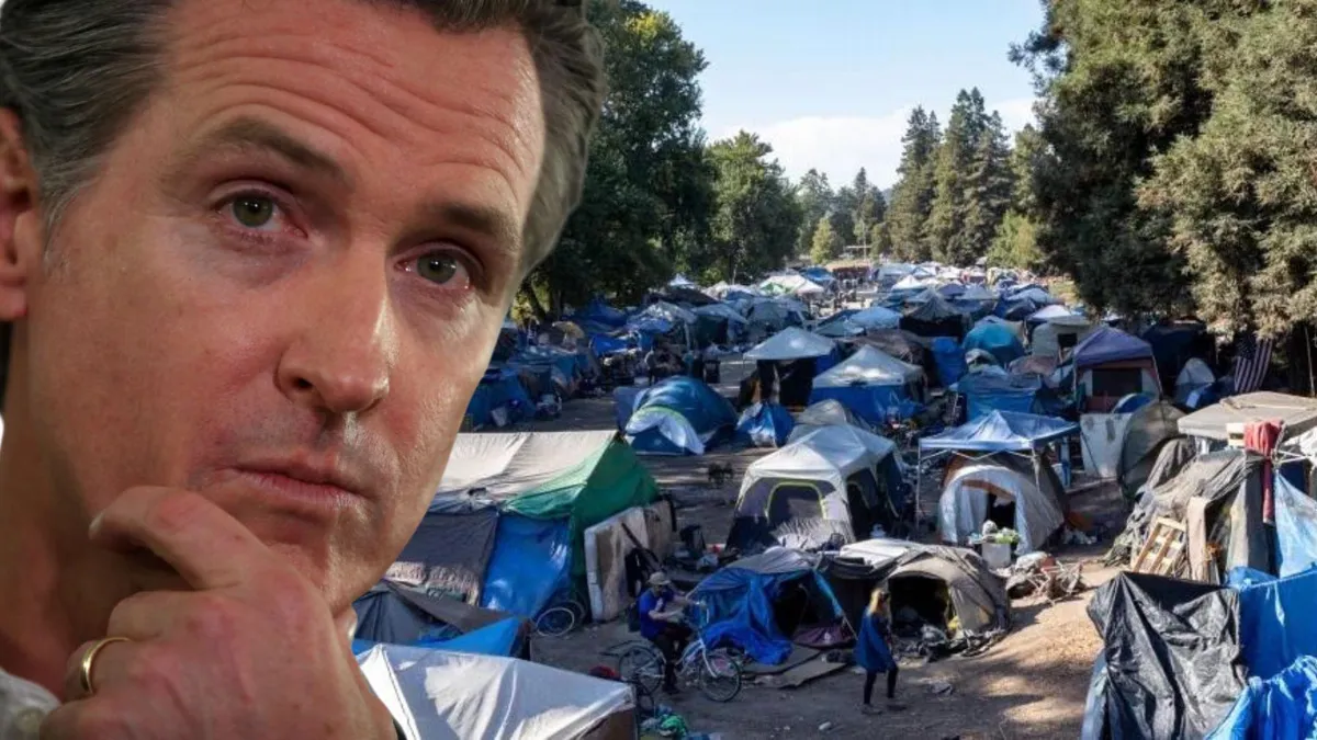 Dozens of tents at a homeless encampment in Santa Cruz, CA/California Gov. Gavin Newsom looks on during a news conference about the state's efforts on the homelessness crisis