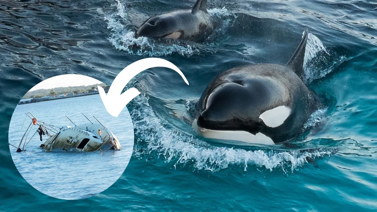 Two black killer whales swimming in the water next to a smaller photo of a sunken yacht