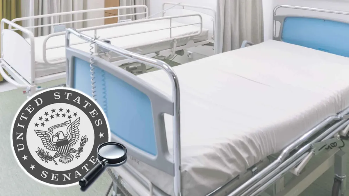 hospital bed with the senate logo and magnifying glass overlaid