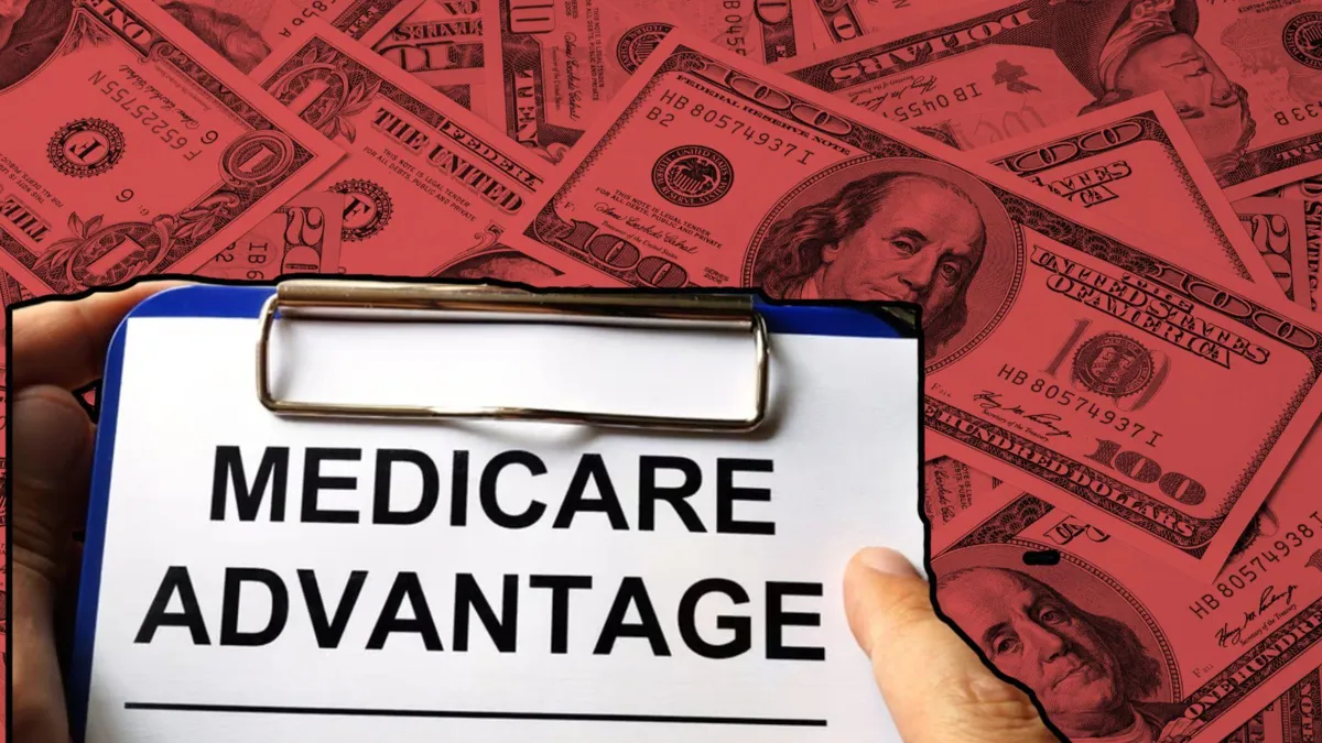 Medicare Advantage paperwork on a clipboard/A red-tinted photo of US currency